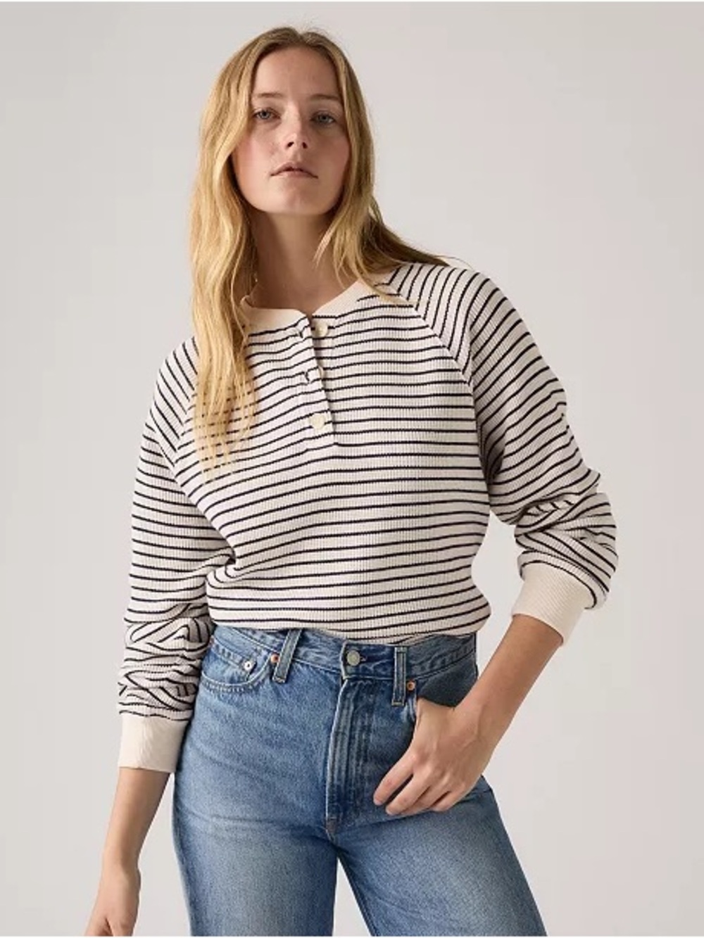 Levi's Cream and Black Striped Henley Sweatshirt